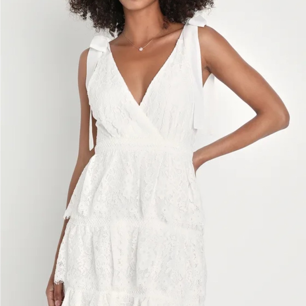Lulus Sweet Flattery White Lace Tiered Tie-Strap Mini Dress
